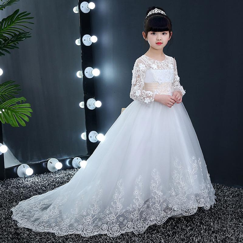 Изображение товара: Кружевное бальное платье для девочек, Пышное Платье с длинным рукавом, с цветочным принтом, для причастия, выпускного вечера, 2020