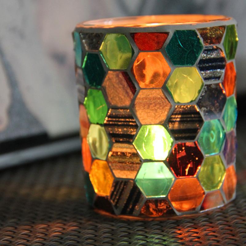 Изображение товара: Разноцветный шестиугольный стеклянный подсвечник ручной работы X4, сотовые стеклянные подсвечники, креативные декоративные подсвечники