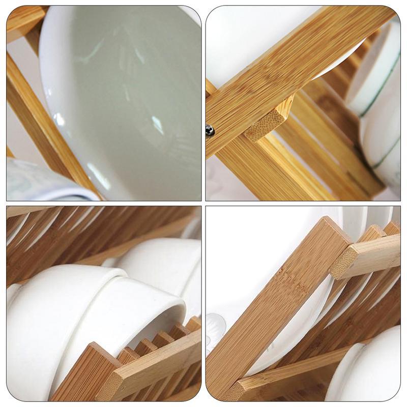 Изображение товара: Сушилка для посуды, складная бамбуковая подставка для посуды, деревянный кухонный держатель для сушки тарелок, столовых приборов, Домашний Органайзер, подставка для посуды