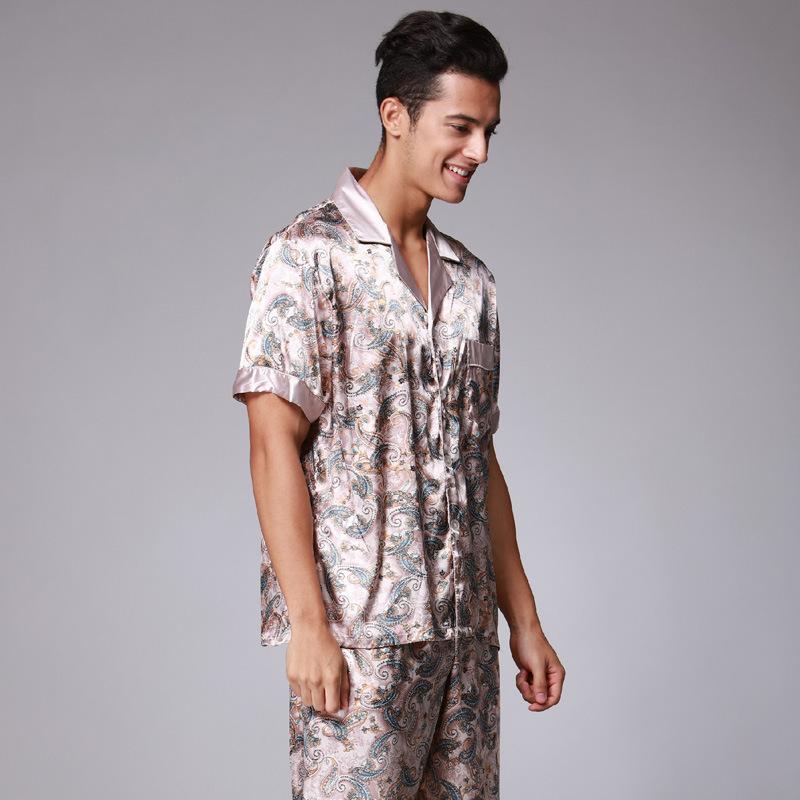 Изображение товара: Мужское шелковое атласное кимоно Pijiama, штаны с длинным рукавом и принтом, Пижамный халат, корейский пижамный комплект из двух предметов, кофейная одежда для сна, лето-осень