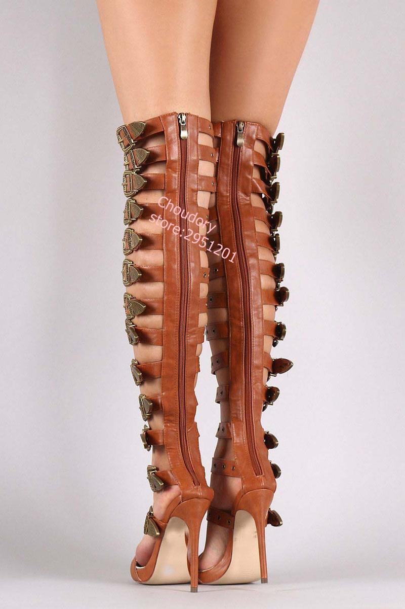 Изображение товара: Женские римские сандалии-гладиаторы, открытые сандалии, сексуальные женские черные сапоги выше колена с вырезами и пряжками, туфли для танцев для вечеринки