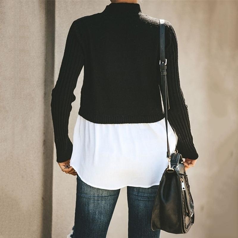 Изображение товара: Autumn Winter Black Knit Sweater Women 2020 Patchwork Long Sleeve Button Pullover Women Jumper