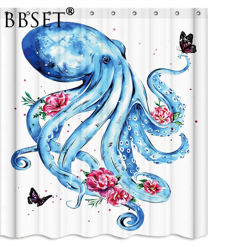 Изображение товара: Морская жизнь занавеска для душа красивый синий Осьминог и цветы узор водонепроницаемый многоразмерный Douchegordijn декор для ванной комнаты