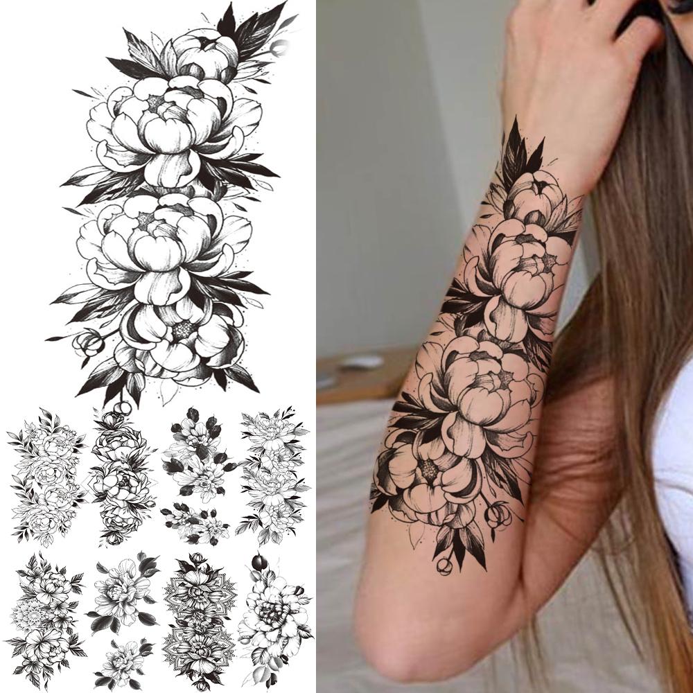 Изображение товара: Цветок, временные татуировки для женщин, девушек, искусственные георгины, черная Роза, пион, реалистичные татуировки, наклейки на предплечье, Переводные татуировки