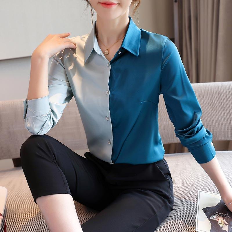 Изображение товара: Шелковые рубашки в Корейском стиле, женские Атласные Рубашки с длинным рукавом, элегантная женская шелковая блузка в стиле пэчворк, Офисная Женская атласная рубашка, топы больших размеров XXL