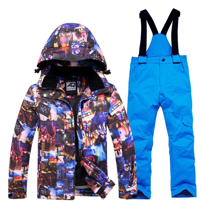 Изображение товара: Новый стильный Детский Теплый Лыжный костюм Лыжная куртка и штаны для мальчиков и девочек ветрозащитная водонепроницаемая куртка для сноуборда детские лыжные костюмы
