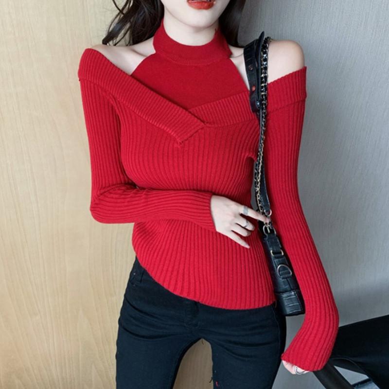 Изображение товара: Новый осенне-зимний Корейский модный пуловер свитер женский поддельный Двухсекционный вязаный свитер с открытыми плечами и длинными рукавами женский