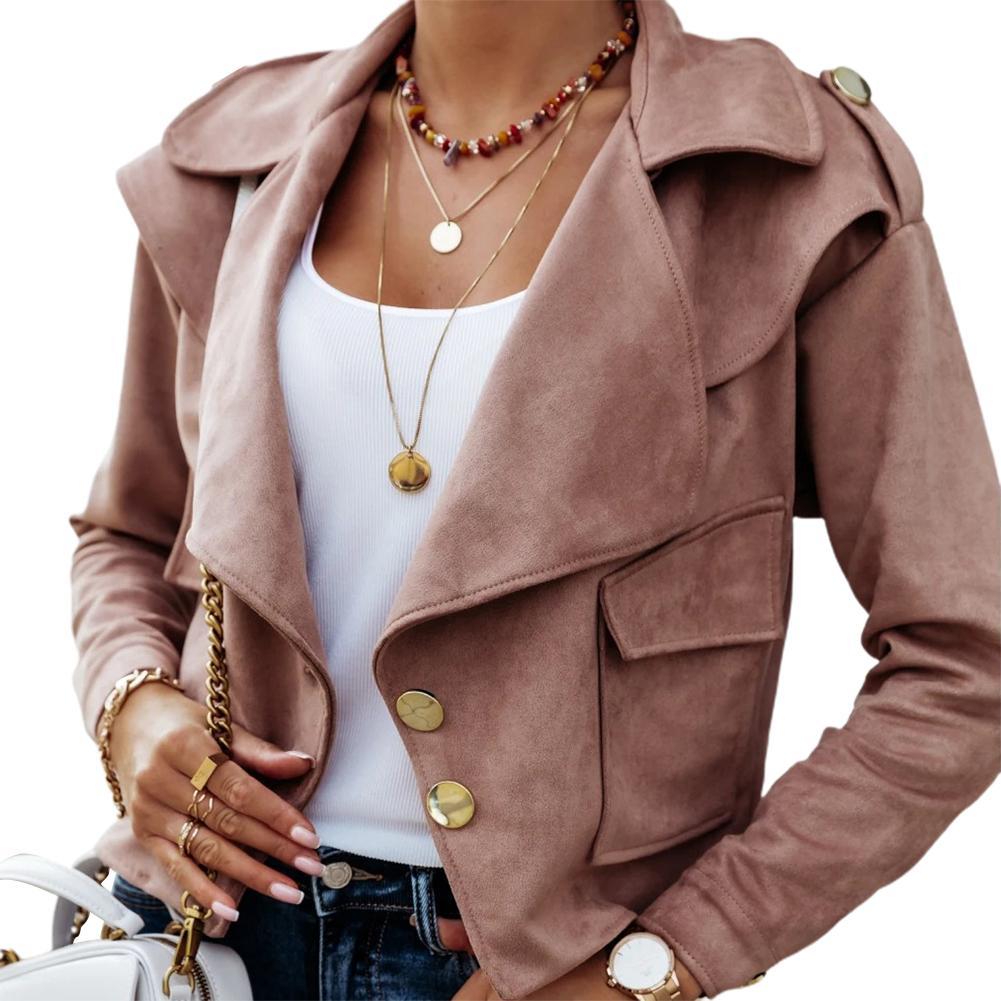 Изображение товара: Женская замшевая куртка на пуговицах, однотонная короткая куртка с большими лацканами и карманами, на осень-зиму