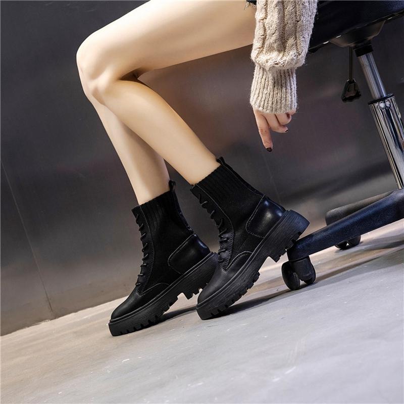 Изображение товара: 2020 ботильоны; Женская обувь на плоской платформе; Модные удобные повседневные женские полусапожки из натуральной кожи с круглым носком на шнуровке