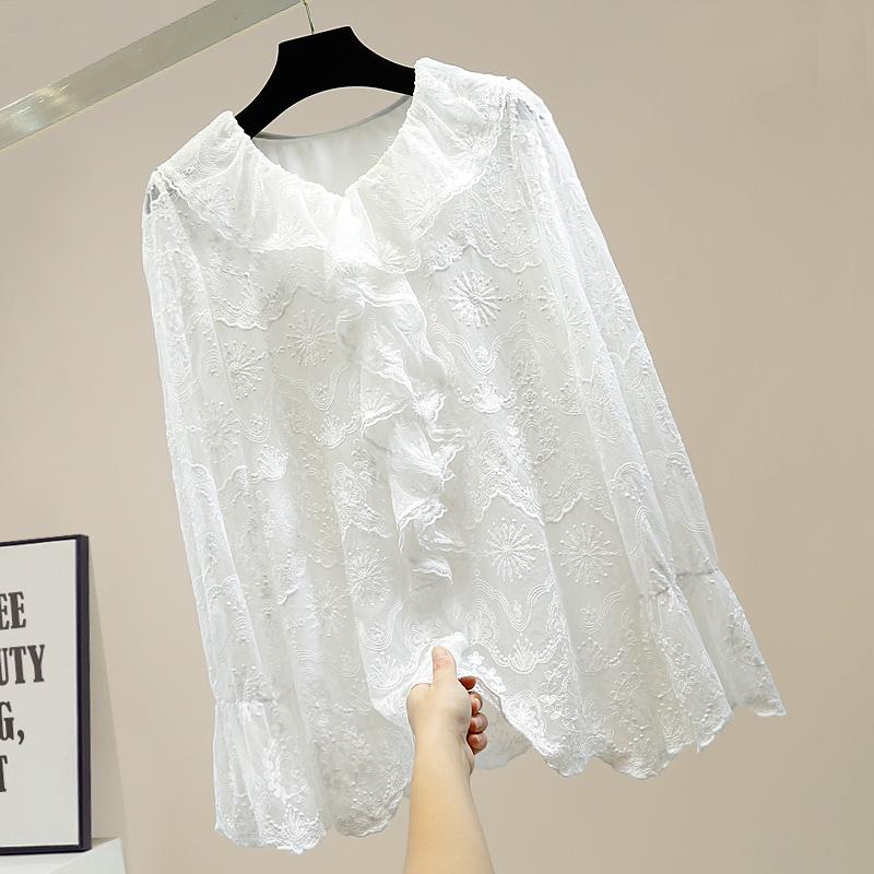 Изображение товара: Женская кружевная блузка, винтажная кружевная блузка средней длины с оборками и рукавами-колокольчиками, размера плюс