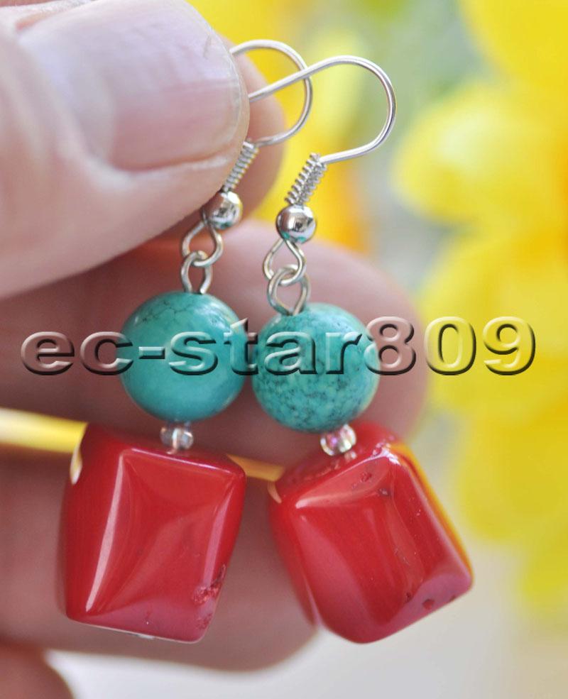 Изображение товара: S2341 15mm Massive Red Coral Turquoise Bead Dangle Earring