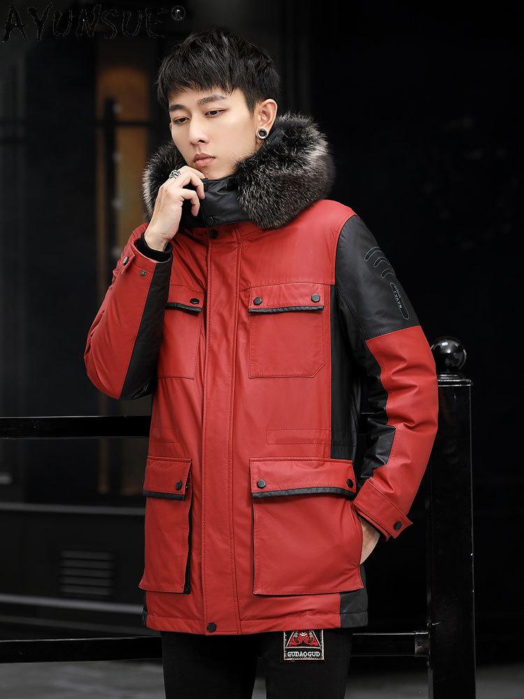 Изображение товара: Мужская кожаная куртка AYUNSUE, с капюшоном, воротником из натурального меха енота, в Корейском стиле, для зимы, LXR1003