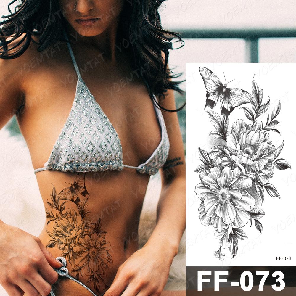Изображение товара: Водостойкая временная татуировка-наклейка, пион, цветок, змея, черные флэш-татуировки, Женский эскиз, боди-арт, рука, бедро, поддельные татуировки для мужчин