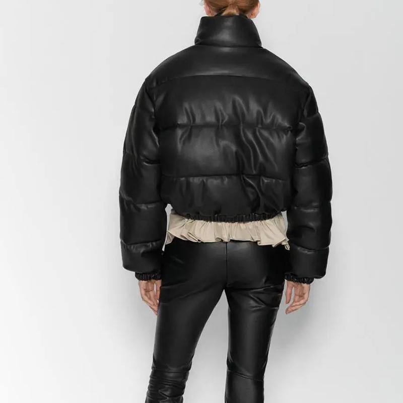 Изображение товара: Женская куртка Icclek, зимние парки из искусственной кожи, искусственное пальто, теплая укороченная плотная одежда, женские кожаные куртки, черное Стеганое пальто