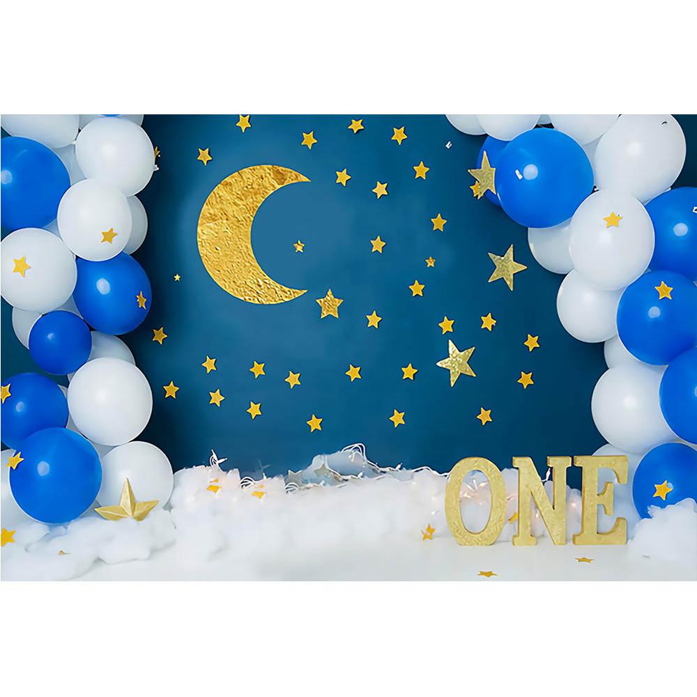 Изображение товара: Фон для фотосъемки детей в день рождения с изображением воздушных шаров голубого неба и золотых звезд