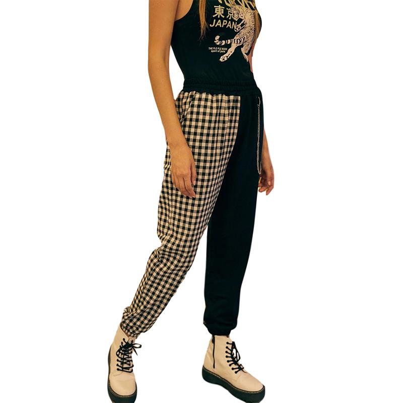 Изображение товара: Женские брюки для бега с высокой талией, брюки в клетку в стиле пэчворк, повседневные свободные спортивные штаны, спортивная одежда для бега, велосипеда, шлейфа, одежда для йоги