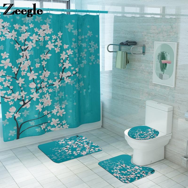 Изображение товара: Floral Bath Mat and Shower Curtain Set Microfiber bathroom carpet Non-slip Foot Mat Waterproof Shower Curtain