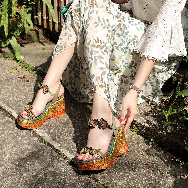 Изображение товара: «Женские кожаные сандалии на толстой подошве, модные сандалии на высоком каблуке в национальном стиле, пикантные женские кожаные сандалии на танкетке с открытым носком