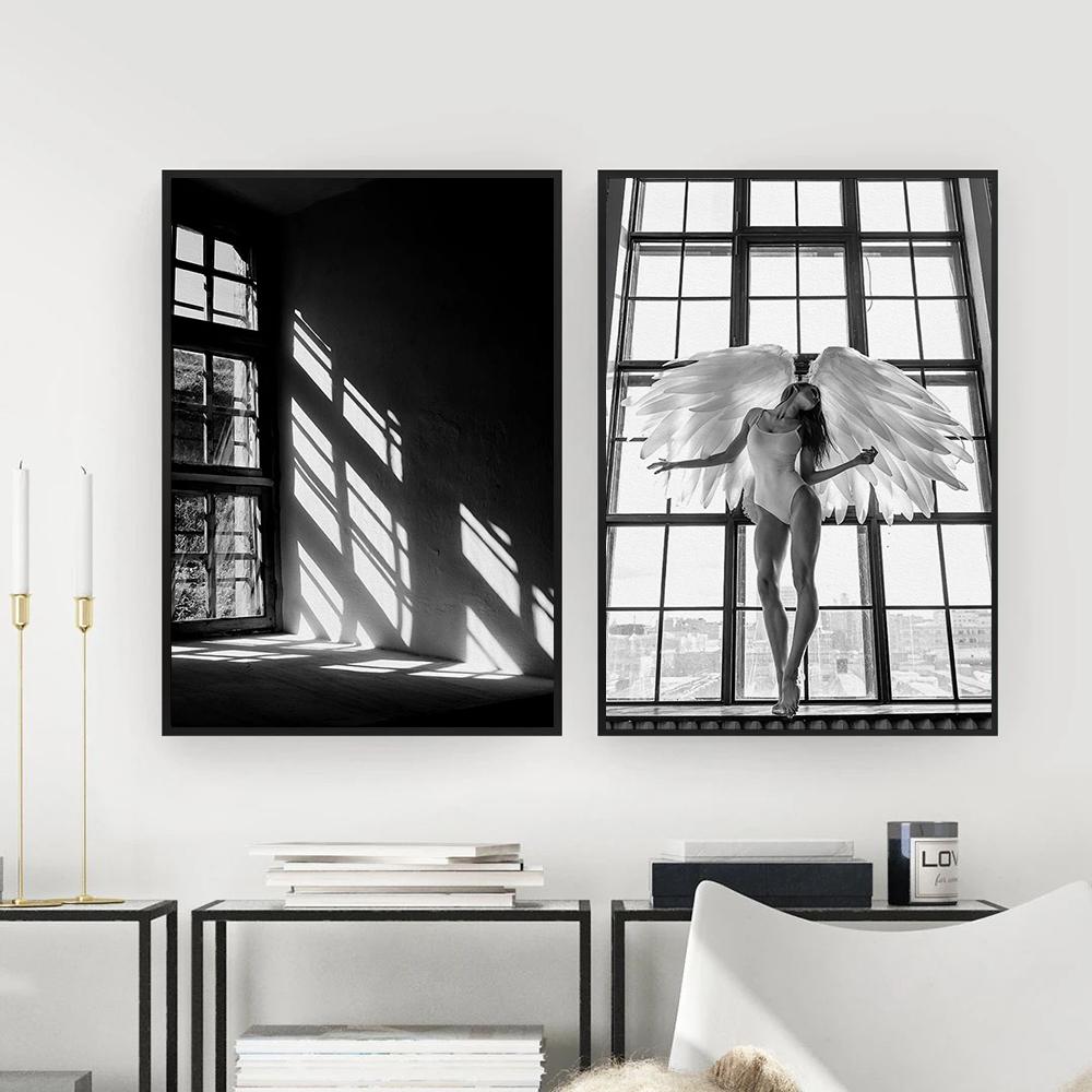 Изображение товара: Плакаты и принты на холсте «Крыло ангела», настенная живопись, черные, белые окна, настенные картины для гостиной, скандинавский Декор для дома