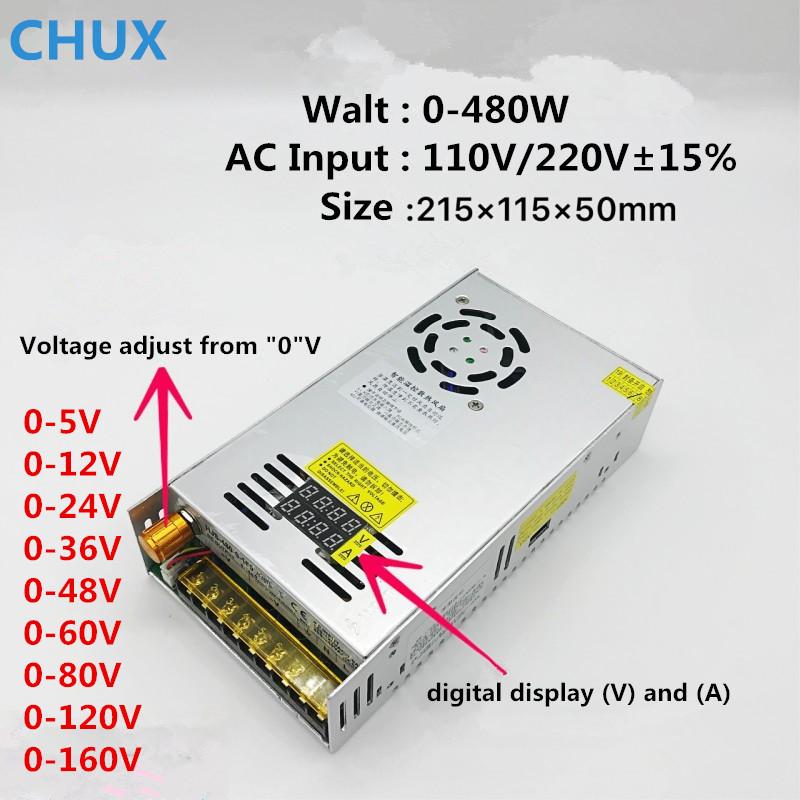 Изображение товара: CHUX 480W импульсный источник питания Voltag Регулировка 0-12V 5V 24V 36V 48V 60V 80V 120V 160V Светодиодный источник питания с двойным цифровым дисплеем