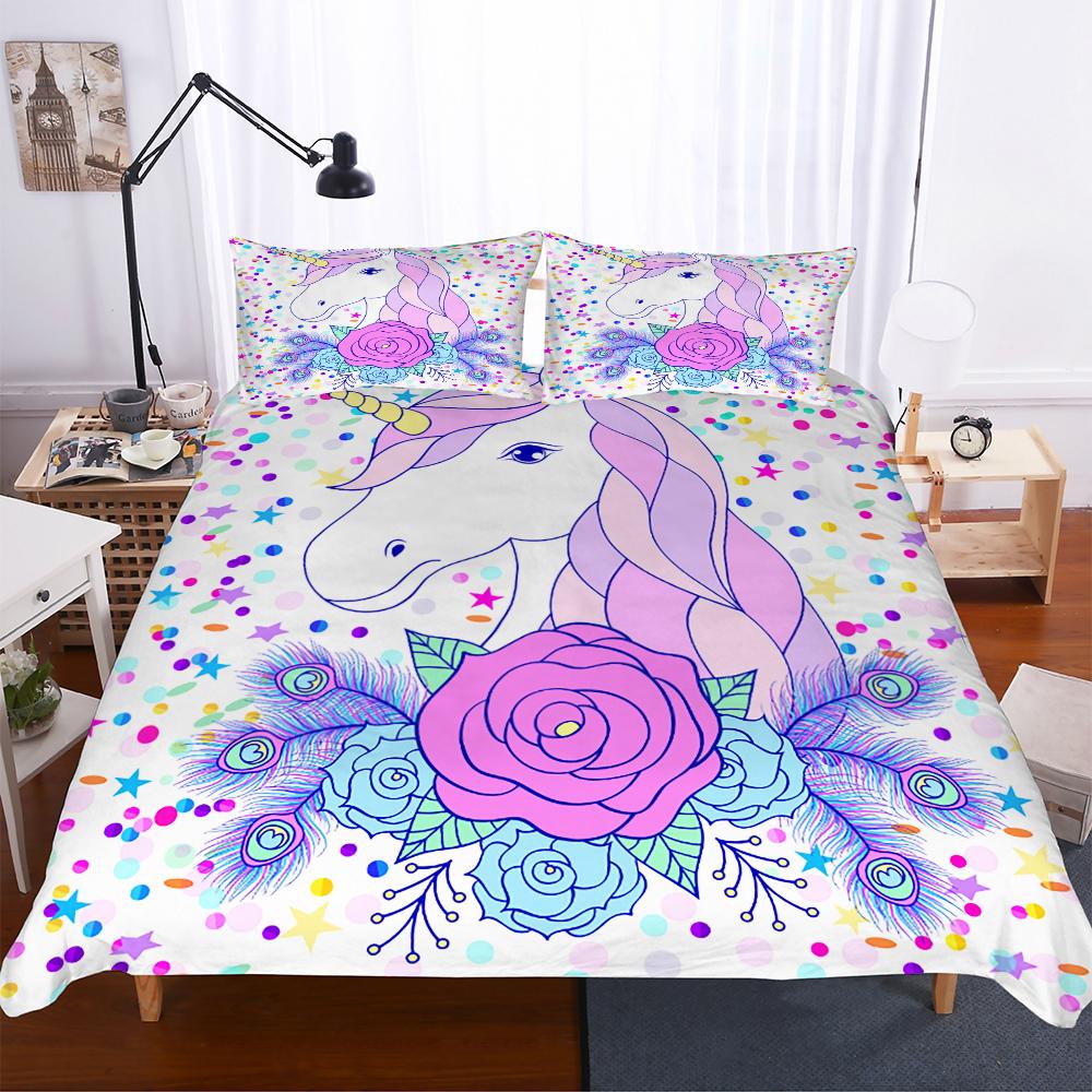 Изображение товара: Комплект постельного белья с единорогом, стеганное одеяло для девочек комплектов, постельное белье с 3D-принтом, размер King Queen