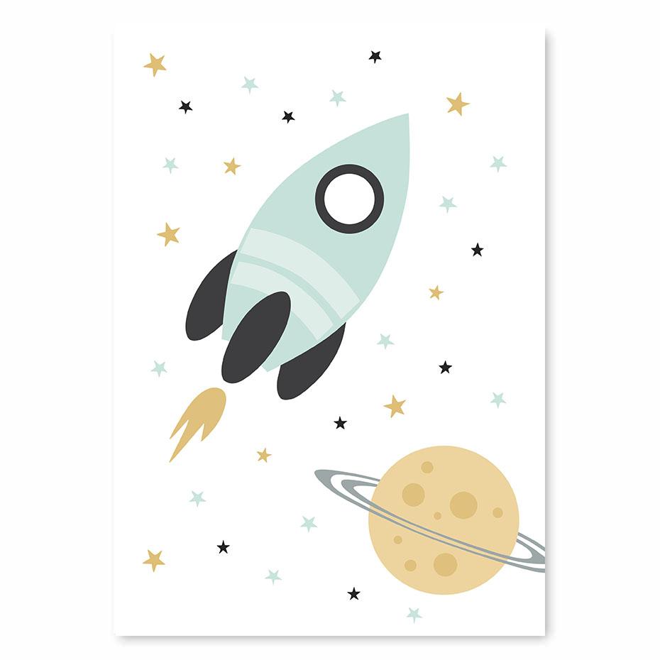 Изображение товара: Картина с изображением медведя ракеты планеты, Постер в скандинавском стиле, мультяшная Настенная картина для детской комнаты, украшение на холсте