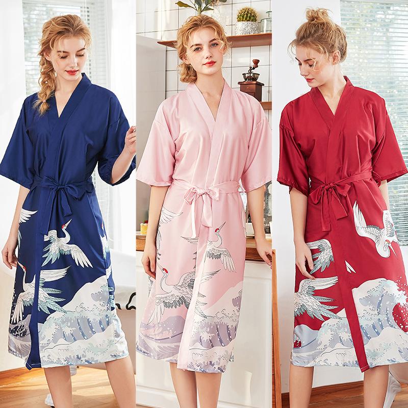 Изображение товара: Женский Шелковый сексуальный халат-кимоно, атласный банный халат, розовый банный халат подружки невесты с Журавлями, розовый женский халат