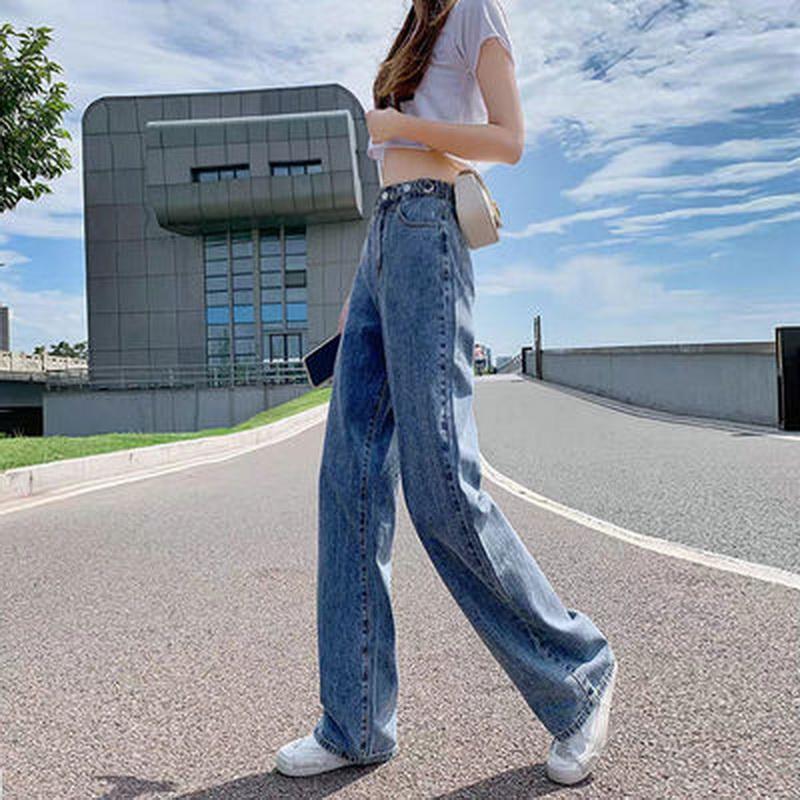 Изображение товара: Женские джинсы QRWR, новинка сезона весна-осень 2020, прямые синие джинсы с высокой талией, свободные брюки с широкими штанинами, джинсы для женщин