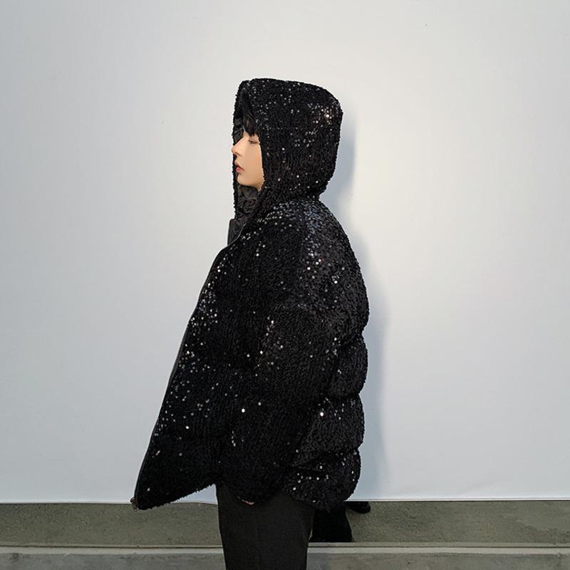 Изображение товара: Парка мужская утепленная с пайетками, модная повседневная куртка с капюшоном, уличная одежда свободного покроя в стиле хип-хоп, зима