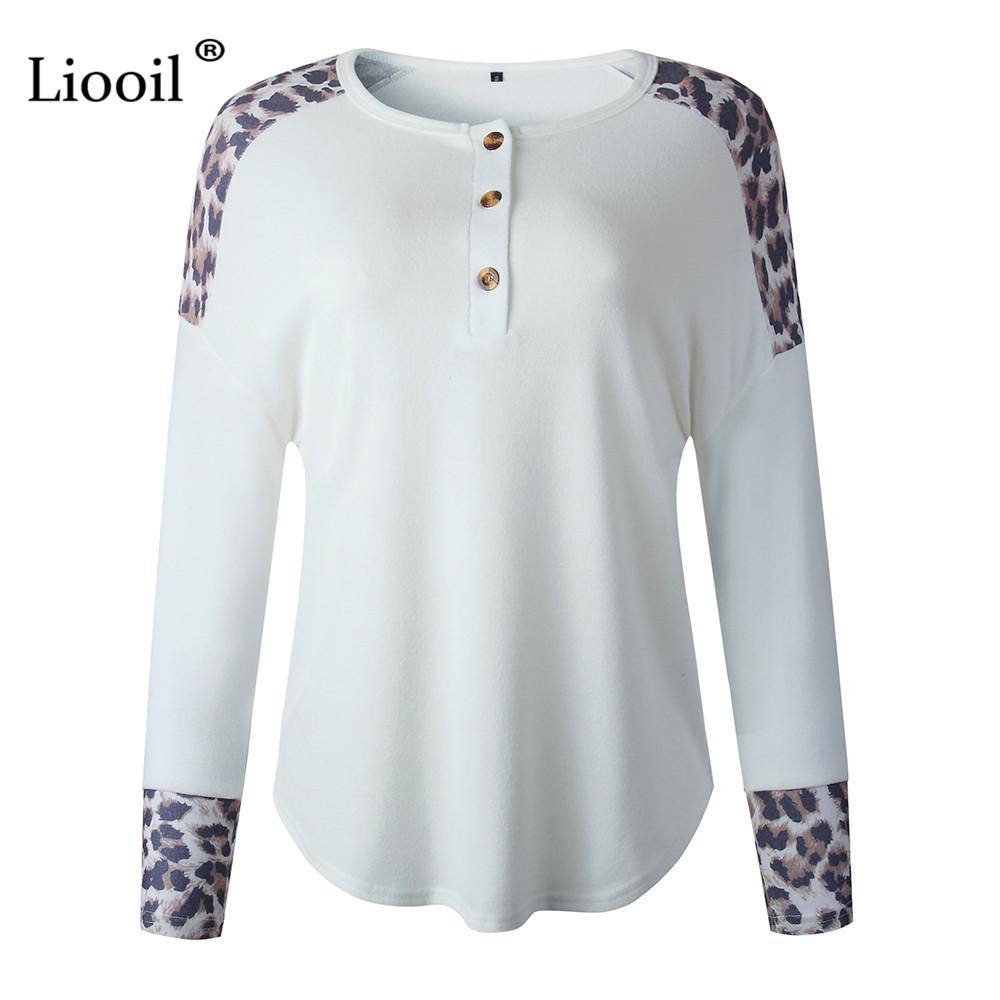 Изображение товара: Повседневная Свободная рубашка с леопардовым принтом в стиле пэчворк, Женская осенне-весенние пуловеры с длинными рукавами и круглым вырезом на пуговицах 2020