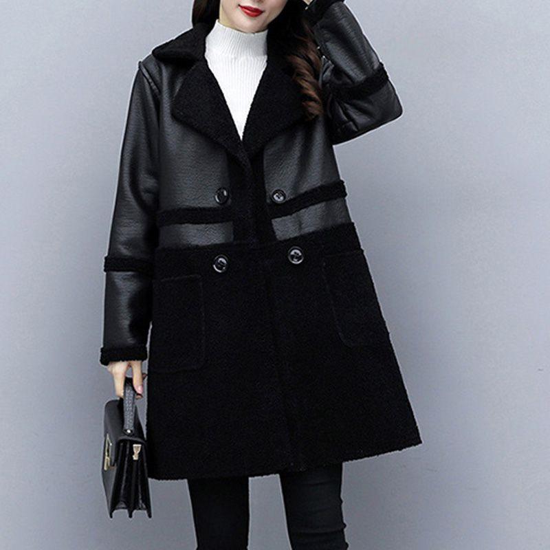 Изображение товара: Свободная Черная куртка из искусственной кожи большого размера, зимняя кашемировая куртка из овечьей шерсти, плотная Двухсторонняя куртка из искусственной кожи 5XL W2240