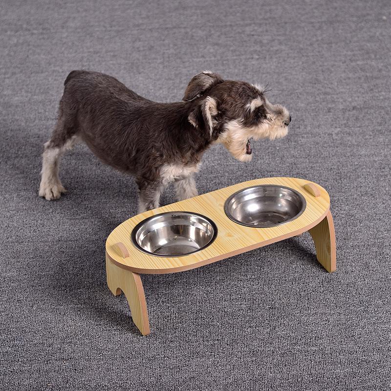 Изображение товара: Double 15 Degree Cervical Protection Cat Bowl Dog Food Basin Wooden Rack Pet Feeder Drinking Water Dispenser Stainless Steel