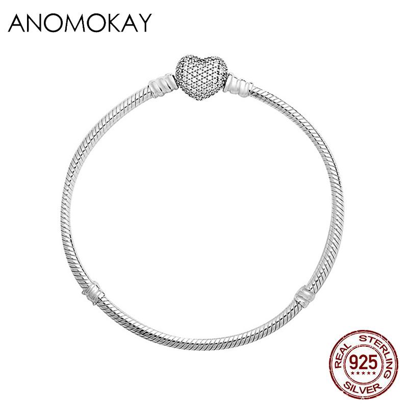 Изображение товара: Женский браслет anomook, браслет из 100% стерлингового серебра 925 пробы с романтическим сердечком, ювелирное изделие из стерлингового серебра