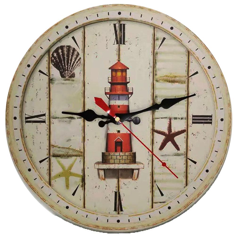 Изображение товара: 34 см ретро деревянные настенные часы Кварцевый тихий большой винтажный деревенский потертый красочный не тикающий тихий Маяк кухня спальня