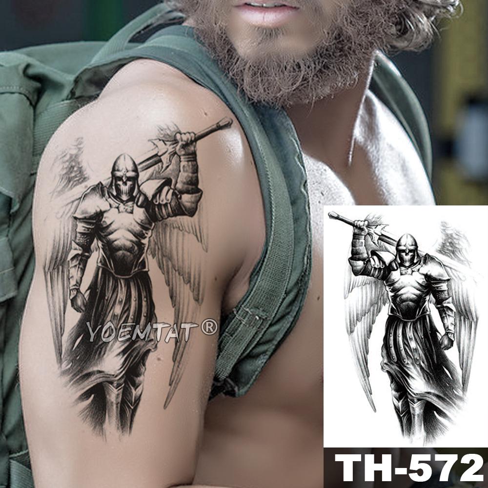 Изображение товара: Временная татуировка рыцаря самурайского воина, водостойкая татуировка, крылья героя, тело, рука, поддельные татуировки для мужчин и женщин