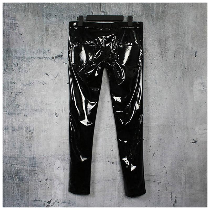 Изображение товара: Мужские черные брюки из искусственной кожи для певицы, весенне-осенние тонкие Стрейчевые облегающие мотоциклетные кожаные брюки, одежда в стиле хип-хоп