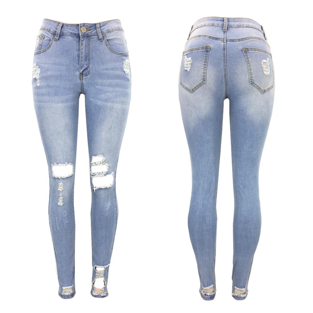 Изображение товара: Модные рваные джинсы, женские светло-голубые узкие брюки-карандаш с высокой талией, стройнящие женские брюки до щиколотки, повседневные уличные стильные