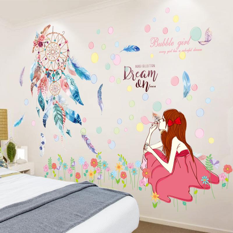 Изображение товара: Перья «Ловец» наклейки на стену «сделай сам», Мультяшные цветы для девочек, наклейки на стену для детской комнаты, детской спальни, детской комнаты, украшение для дома