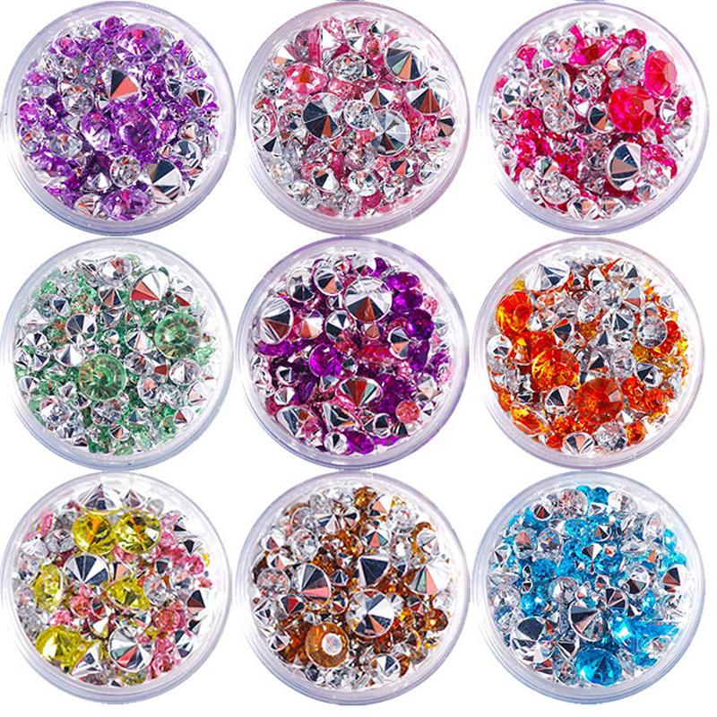 Изображение товара: Акриловые стразы для самостоятельного дизайна ногтей, 1 коробка, разноцветные стразы разных размеров, блестящие 3D кристаллы, чехол для телефона, украшения для ногтей