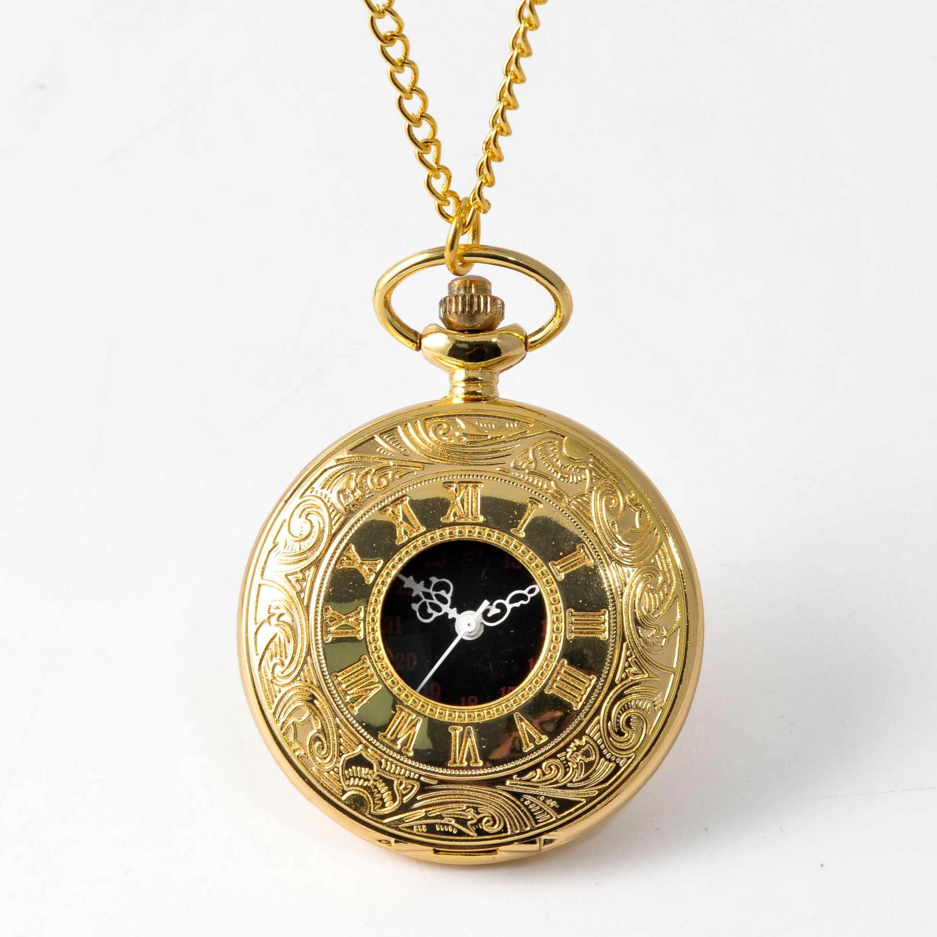 Изображение товара: Винтажные Золотые римские карманные часы в стиле стимпанк кварцевые карманные часы с ожерельем и цепочкой для часов мужские и женские мужские часы
