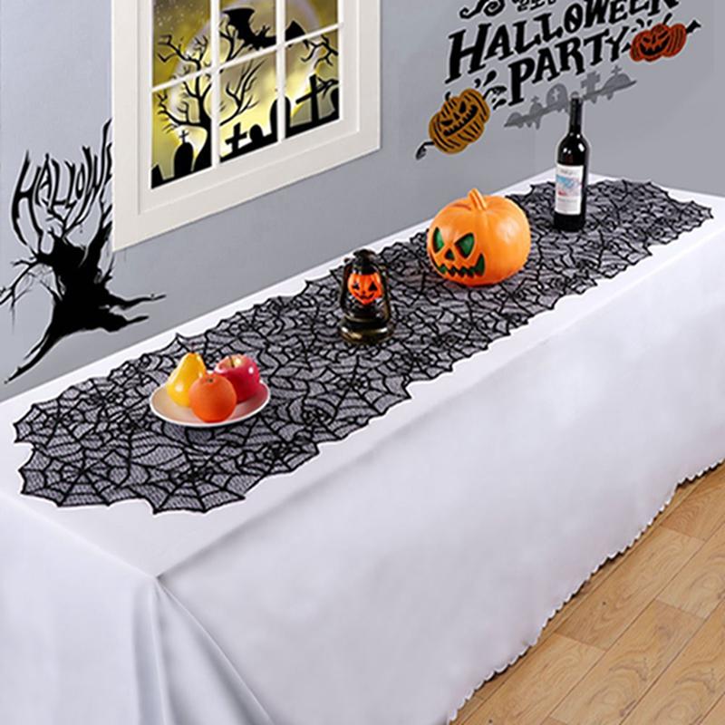 Изображение товара: Черная кружевная скатерть с паутиной на Хэллоуин, украшение для стола, Настольная дорожка на Хэллоуин, настовечерние, домашний текстиль