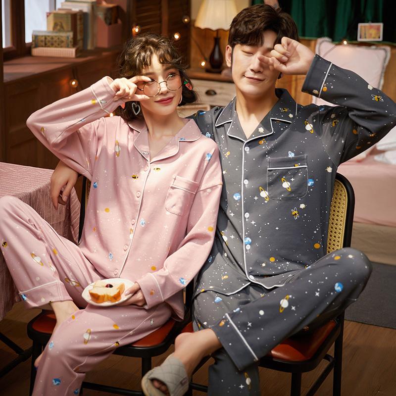 Изображение товара: Осенние пижамы, хлопковые пижамы для пар, мягкие пижамные комплекты, женские пижамные комплекты с длинным рукавом, мужские пижамы для отдыха