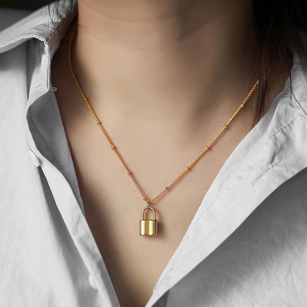 Изображение товара: Ожерелье-чокер в стиле панк, ожерелье с замком, Золотая спутниковая цепочка из нержавеющей стали для женщин и девочек, подарок, хорошее качество, ожерелье, 18 дюймов, DN208