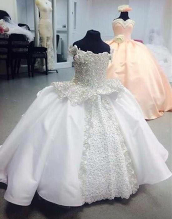 Изображение товара: Кружевные бальные платья принцессы с аппликацией; Платья с цветочным узором для девочек; Пышное Платье; Кружевные атласные платья; Платья на заказ