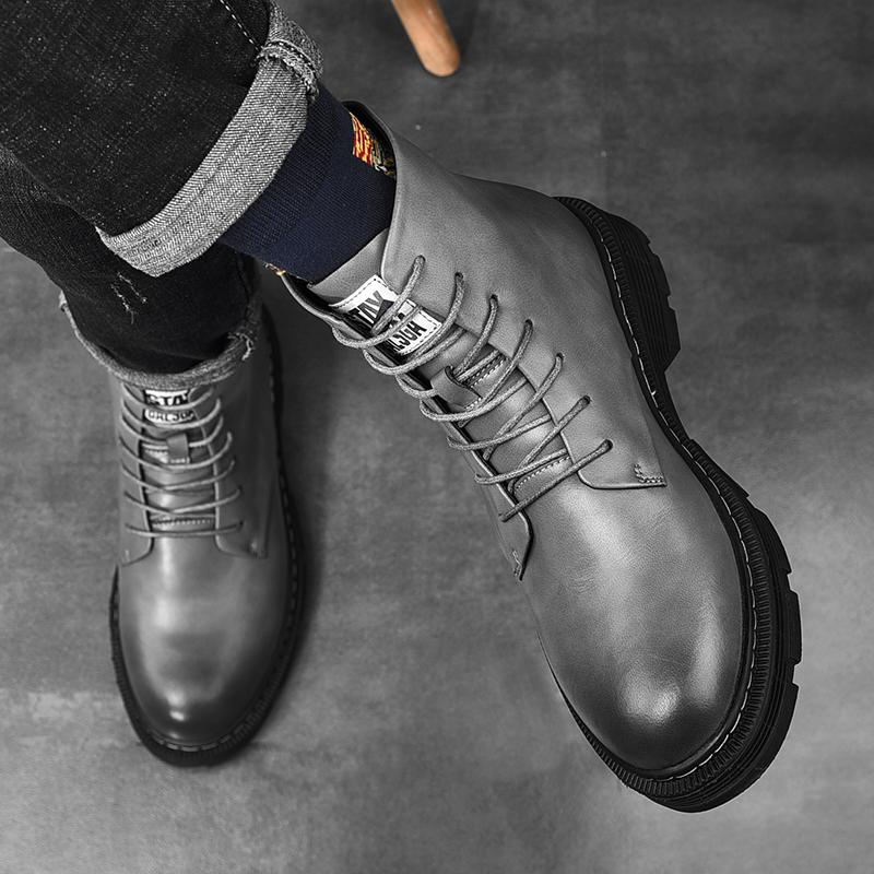 Изображение товара: Мужские кожаные ботинки на молнии, черные однотонные винтажные байкерские ботинки до щиколотки, Осень-зима 2020