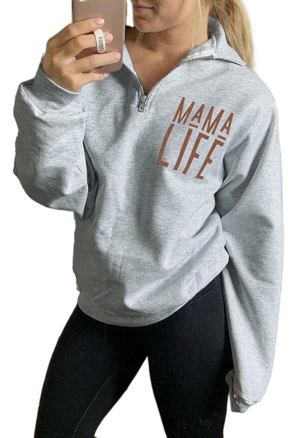 Изображение товара: Черный/белый/серый свитшот на молнии с надписью «Mama Life» 2020 женский осенне-зимний пуловер с отложным воротником Повседневный Свитшот
