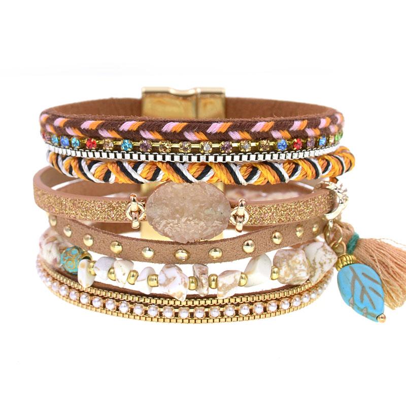 Изображение товара: Браслеты WELLMORE в богемном стиле для женщин, кожаные браслеты с камнями, 3 размера, многослойные очаровательные браслеты и браслеты, женские модные украшения