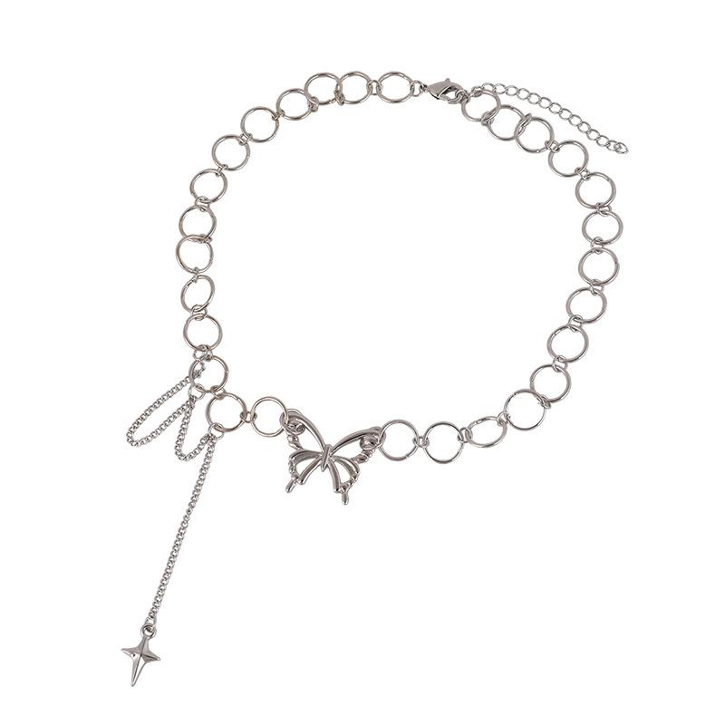 Изображение товара: Ожерелье-бабочка, Женское Ожерелье-чокер, цепочка с кисточкой, женская подвеска-крест серебряного цвета, модные корейские ожерелья из нержавеющей стали