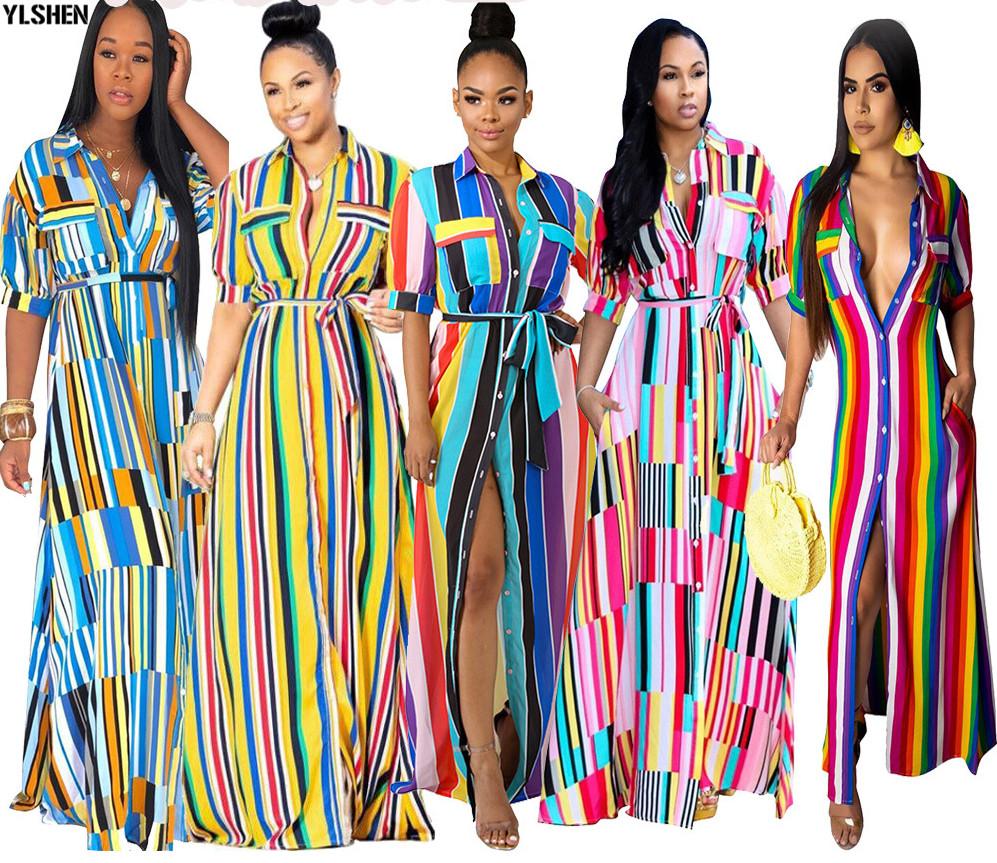 Изображение товара: Длинные африканские платья размера плюс для женщин, Дашики, модное платье-рубашка в полоску в африканском стиле, юбка со шнуровкой, Robe Boubou, одежда в африканском стиле