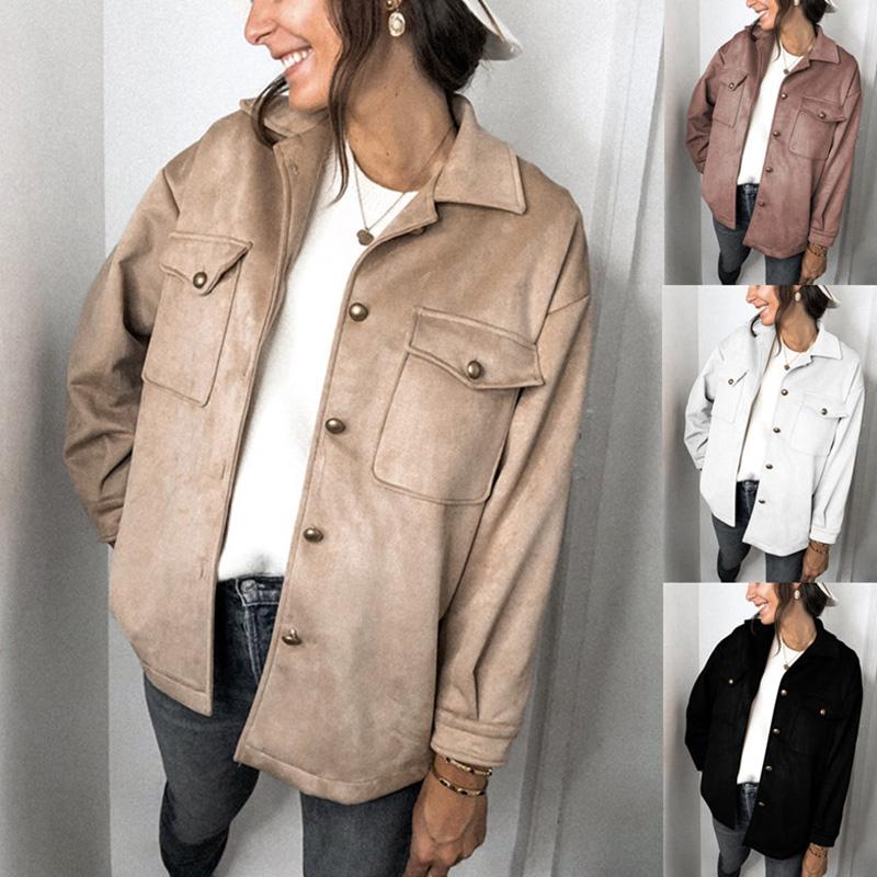 Изображение товара: Женские замшевые пальто Fantoye с двумя карманами и пуговицами, осенняя плотная куртка с длинными рукавами, Повседневная модная однотонная верхняя одежда, новинка 2021